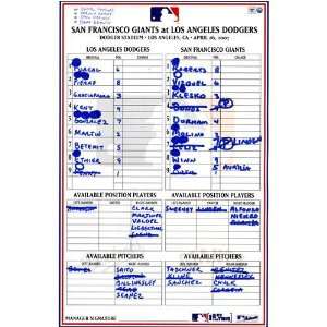 Game Used Lineup Card 4 26 2007 Giants at Dodgers Sports 