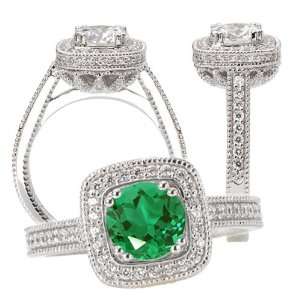 18K Lab Grown 6.5mm Round Emerald Engagement Ring with Square Diamond 