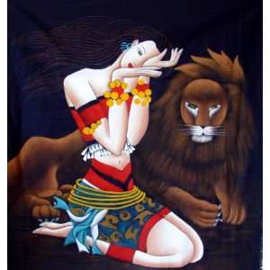    Chinese Miao Hand Batik Tapestry Lion And Girl 