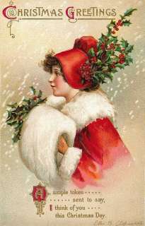 Vintage Victorian Girl Christmas Fabric Block Vintage Postcard 