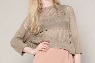 MOCHA CROPPED KNIT SWEATER Slouchy Tan Neutral Chunky Sheer Cable Top 