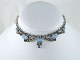 Pretty Vtg Blue Rhinestone Necklace w/Opalescent Stones  