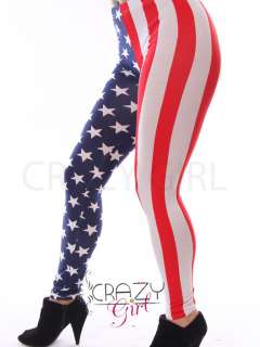 New Womens Ladies Vertical Stripe American Flag Printed Leggings Size 