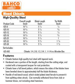 BAHCO HIGH QUALITY STEEL WOOD CHISELS, 6 PC SET 425 083  