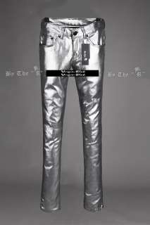 vb HOMME Mens Punky Rock Silver Coated Shiny Pants Slim  