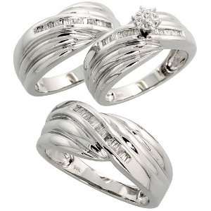  14k White Gold His & Her Trio Wedding Band, w/ 0.58 Carat 