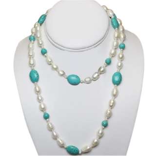 36 Inch Green Turquoise and White Freshwater Pearl Necklace  