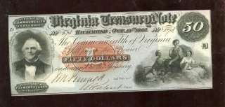 Obsolete Currency: $50 1862 Virginia Treasury Note Richmond CCU  