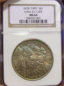 1878 7/8TF 7/4TF Silver Morgan Dollar NGC MS 64 Rainbow  