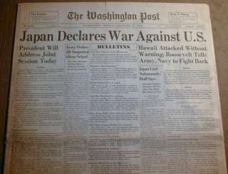 12 8 1941 WW II newspaper JAPAN ATTACKS PEARL HARBOR HI & Declares WAR 