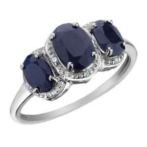  Three Stone Midnight Sapphire Ring with Diamonds 2.4 Carat 