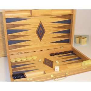  Oak Backgammon, Blue/Natural inlaid board, no cups, 1.3 