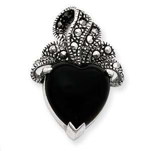  Sterling Silver Marcasite and Onyx Heart Pendant: Jewelry