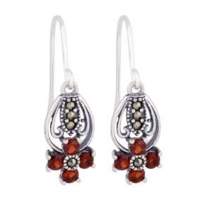   Silver and Marcasite Genuine Garnet Flower Drop Earrings: Jewelry