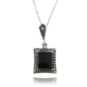    Sterling Silver Marcasite Black Onyx Square Pendant: Jewelry
