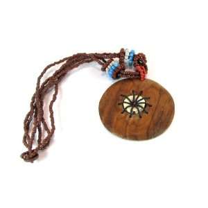  Tropical Wood Circular Pendant with Multi Strand Brown Seed 