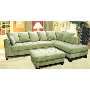   green microfiber and tufted seats with wood trim base