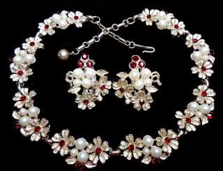 Vintage Ruby Red Rhinestone Necklace Earring Set Faux Pearl Flower 