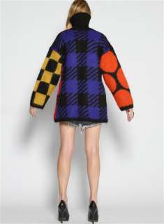 Vtg 80s COLORFUL Polka Dot Plaid Huge PRINT MOHAIR Fuzzy Dress Sweater 