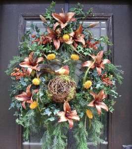   Spring Fall Bird Floral Luxe Designer Woodsy Brown Front Door  