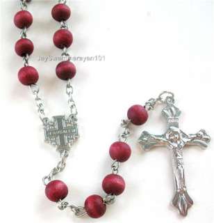 Scented Red Wood Beaded Chain Prayer Wooden Rosary Necklace Crucifix 