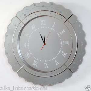 Large Mirror Wall Clock Silver 3d Effect Hand Etched Quartz Hanging 