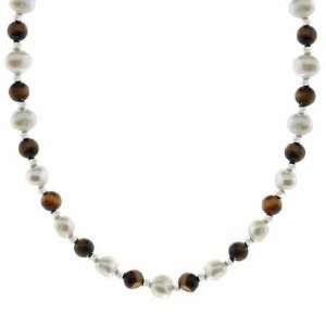   Freshwater Cultured White Pearl and Tiger Eye Stone Bead Necklace