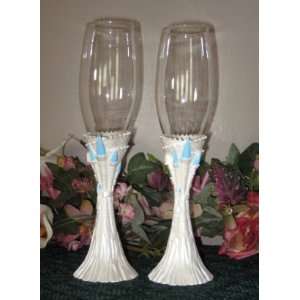  Pearl White Castle Toasting Glasses with Blue Accents 