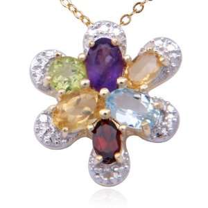   Silver Multi Gemstone and Diamond Accent Flower Pendant, 18 Jewelry