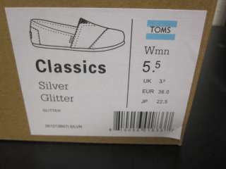 Toms Classic Silver Glitter Slip On BNIB sz 5 10 $70  
