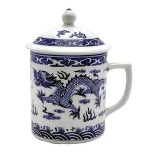   Porcelain Mug with Lid   White/blue Dragon & Symbols 