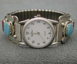 Zuni Effie C Silver Turquoise & Coral Mens Watch NEW !!  