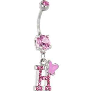    Pink Gem Butterfly Initial Dangle Belly Ring   Letter H: Jewelry
