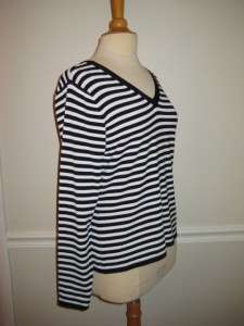 TALBOTS Black White Stripe V Neck Knit Shirt Top L  