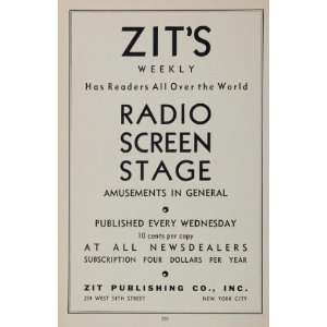   Ad Zits Weekly Radio Screen Stage Amusements   Original Print Ad