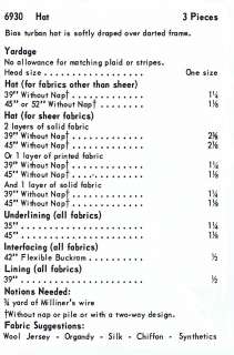   HAT 60s Millinery Fabric Material Sewing Sew Pattern 6930  
