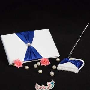 Wedding White Blue Ribbon Guest Book Bow Satin Pearl Pen Set Table 