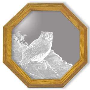  Etched Mirror Owl Art in Solid Oak Frame   Octagon