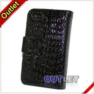 Black Crocodile Leather Wallet Case Cover for iPhone 4G  