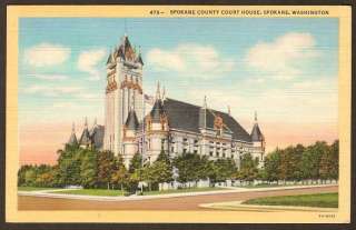 linen postcard of the spokane County Court House in Spokane Washington 
