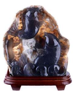 Natural Agate & Crystal Couple Carp Fish Sculpture, Stone Carving 