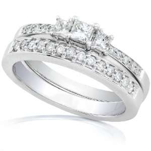  Three Stone Princess Diamond Wedding Ring Set in 14Kt White Gold (HI 