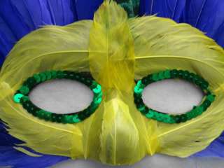 Fun Party PURPLE Yellow Green FEATHERS & Sequin Mardi Gras MASK 