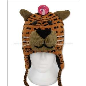  New Womens Animal Face Knit Hat with Ear Flaps  Tiger 
