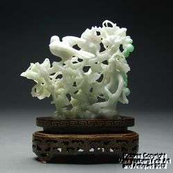 Fine Chinese Natural Jadeite Jade Carving, Grape Vine and Bird Design