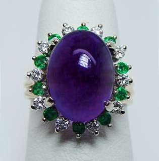 Vintage 6ct Amethyst Emerald Diamond Ring 14K Gold Heavy 7gr Estate 