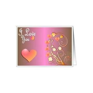 Valentine greeting card pink golden hearts curly whimsical valentines 