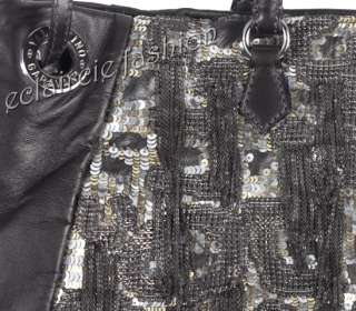 VALENTINO Glam Sequined Double Handles Chains Leather Tote Bag Handbag 