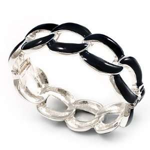 Oval Link Chain Navy Blue Enamel Hinged Bangle Bracelet (Silver Tone 