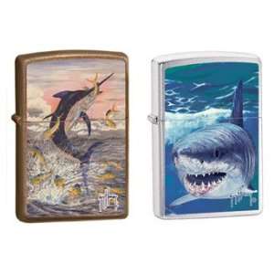 Zippo Lighter Set   Guy Harvey Panama Black Fish and Great White Shark 